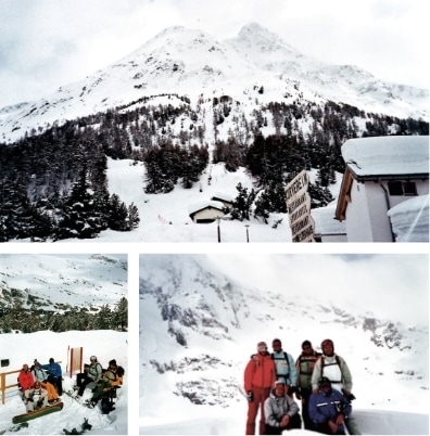 Collage von Freunden beim Skifahren